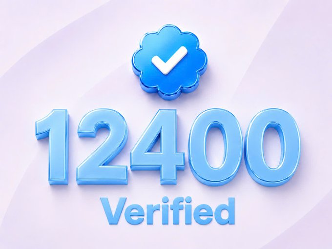 A graphic showing a blue verification checkmark badge above the large blue text '12400 Verified' on a light purple gradient background.