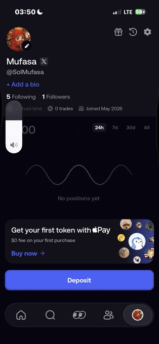 A mobile app screen showing a trading profile for 'Mufasa' (@SolMufasa) with 5 followers and 1 following, featuring a 'Get your first token with Apple Pay' promo and a blue Deposit button.