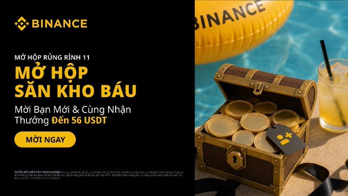 A Binance promotional banner in Vietnamese advertising 'MỞ HỘP SĂN KHO BÁU' (Open the Treasure Hunt Box) campaign for new and existing users, offering up to 56 USDT in rewards.