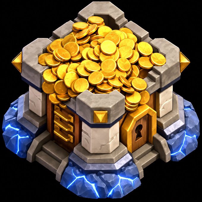 Digital illustration of a stone and gold treasure chest overflowing with gold coins, sitting on a blue crystalline base, resembling an item from the game Clash of Clans.