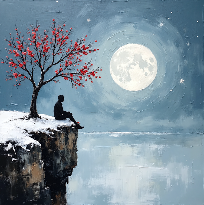 A painted artwork showing a solitary figure in dark attire sitting on a snowy cliff edge beneath a red-blossomed tree, gazing at a large full moon over a misty water landscape.