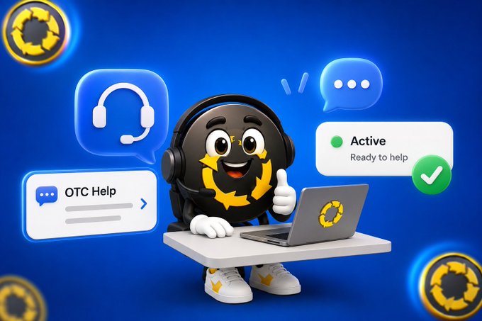 A friendly mascot character wearing a headset sits at a laptop, surrounded by chat bubbles displaying "OTC Help" and an "Active - Ready to help" status notification. It visually reinforces the post's message about @myotcplug_'s ongoing customer support available after transactions for users needing assistance with off-ramp services.