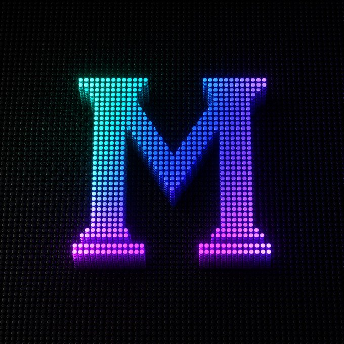 A glowing LED-style letter 'M' in blue and purple gradient colors displayed on a dark dotted background.