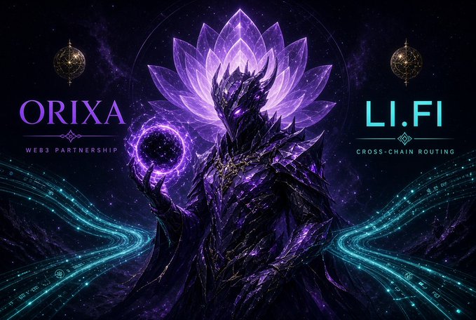 The image shows a dark fantasy figure cloaked in purple crystalline armor with a glowing lotus-shaped crown, surrounded by flowing teal data streams, visually framing a partnership announcement between "ORIXA WEB3 PARTNERSHIP" and "LI.FI CROSS-CHAIN ROUTING"—symbolizing the integration that bridges Orixa's single-chain NFT marketplace on ARC with Li.Fi's multi-chain routing capabilities to eliminate fragmented trading experiences.