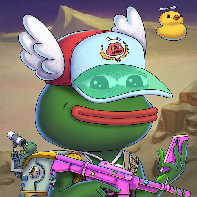 A colorful cartoon illustration depicts a green Pepe frog character wearing a winged red and white helmet, holding a pink rifle and a pink smartphone, with a small turtle companion on its backpack and a yellow chick with a propeller overhead.