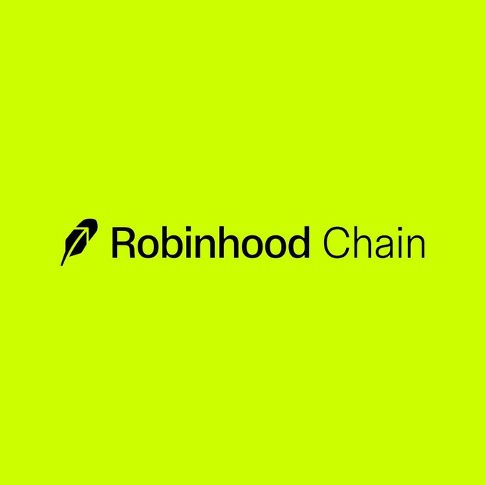 The image displays the Robinhood Chain logo on a bright lime green background, with the brand name "Robinhood Chain" in black text beside a stylized feather icon. It serves as the branded header for the post highlighting Robinhood Chain's recent DeFi performance metrics, including its $572.57M 24-hour DEX volume ranking and notable TVL and stablecoin growth.