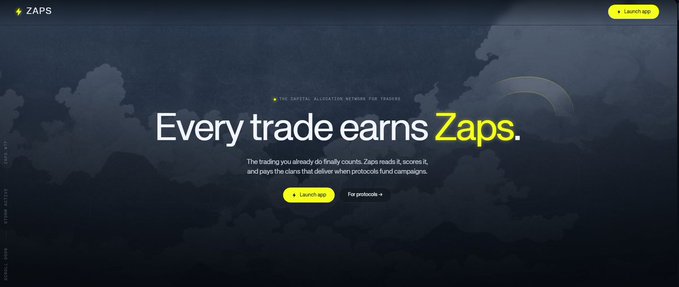 A website hero section for 'ZAPS' with the headline 'Every trade earns Zaps' and a 'Launch app' button, describing it as a 'central allocation network for traders'.