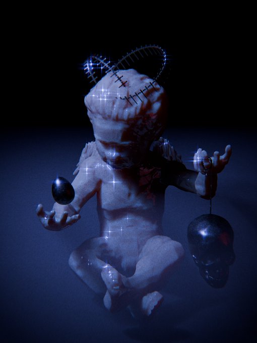 A dark, surreal 3D render of a stitched, headless doll-like figure holding black teardrop and skull-shaped weights, with sparkles scattered across its body.