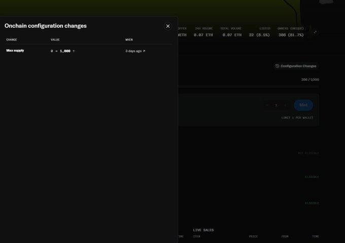 A dark screenshot of a cryptocurrency website displays a pop-up for 'Onchain configuration changes' showing a Max supply change from 0 to 1,000 made 3 days ago, with sales metrics including 0.07 ETH for 24H volume and a Configuration Changes section showing 356/1,000.