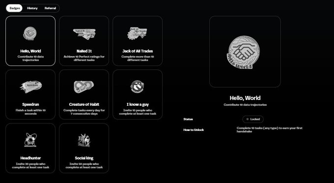 A digital badges interface displaying various achievements like 'Hello, World' (contribute 10 data trajectories), 'Nailed It!' (achieve 10 perfect ratings), 'Spectrum', and others, with the 'Hello, World' badge selected on the right showing status as locked.