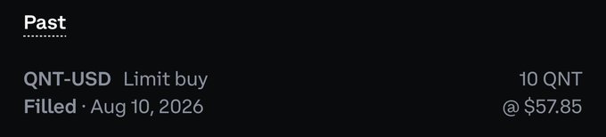 A dark-themed trading interface entry labeled 'Past' showing a 'QNT-USD Limit buy' filled on Aug 10, 2026, for 10 QNT at $57.85.