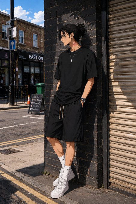 An anime-style illustration of a young man with messy black hair wearing an all-black outfit (t-shirt and shorts) with white sneakers, leaning against a brick wall on a city street with "EAST ON" shop visible.