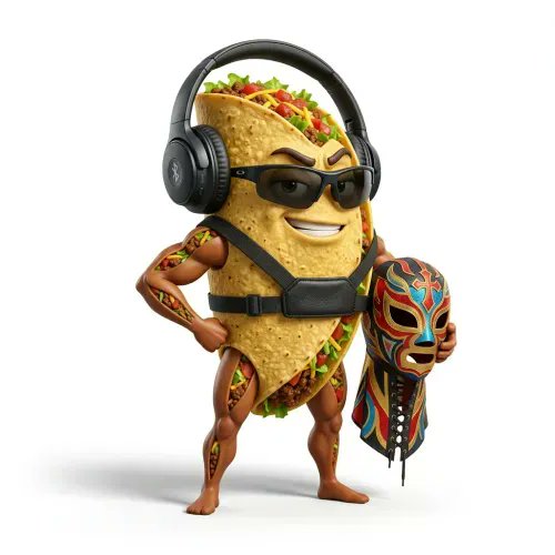 The image features a cartoon character, likely a taco or burrito, wearing headphones and sunglasses while holding a mask over its head. The character appears to be muscular with a large body and a hat on its head. The caption of the image reads "BRAINROT #7033 has been sold for 0.111 ETH (#86)". This suggests that someone is selling this cartoon character, possibly for a small amount of money or as an item for collectors.