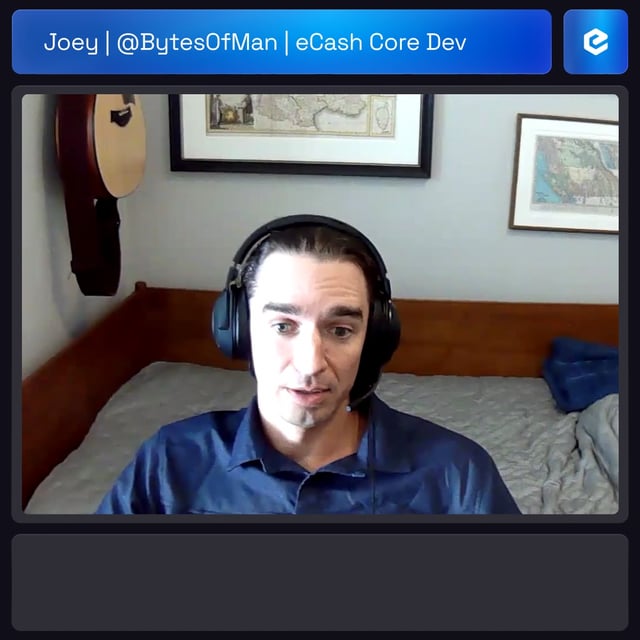 The image shows a man wearing headphones, sitting at a desk with a computer screen in front of him. The man appears to be engaged in an online meeting or video call. In the background, there are two guitars hanging on the wall, suggesting that he might have an interest in music or live performances. The post about eCash dev Joey King reflects on the lessons of the past decade and the ongoing pursuit of peer-to-peer electronic cash. It raises questions about how cryptocurrency could potentially replace traditional payment systems and what factors contribute to its success as a genuine alternative.