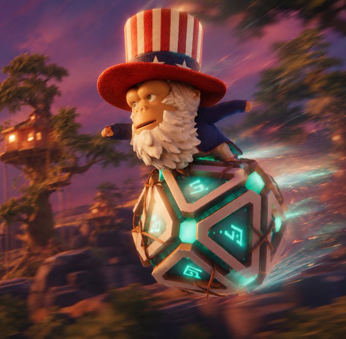 A 3D-rendered character resembling Uncle Sam with a white beard and patriotic top hat riding a glowing teal futuristic cube through a forest landscape.