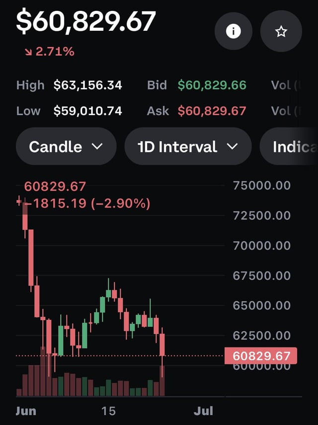 The image shows a screenshot of an online stock market platform called Coinbase, which displays a downward trend for Bitcoin's price over several days. The chart depicts the daily Bitcoin prices decreasing from Monday through Friday of August 6, 2013. The chart also indicates that there are three candles showing Bitcoin's price at different times during this period. In the accompanying post on July 15th, someone is sharing their thoughts about having a "bad day" and finding solace in saying "at least I'm not Michael Saylor". This quote adds a lighthearted touch to an otherwise serious discussion of market trends.