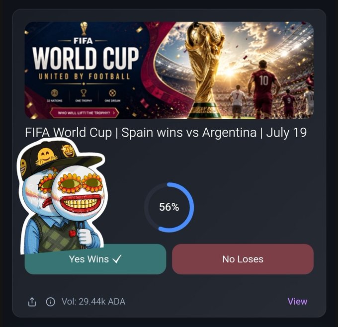 A FIFA World Cup betting interface showing 'Spain wins vs Argentina | July 19' with a 56% 'Yes Wins' vote and a meme character on the left side.