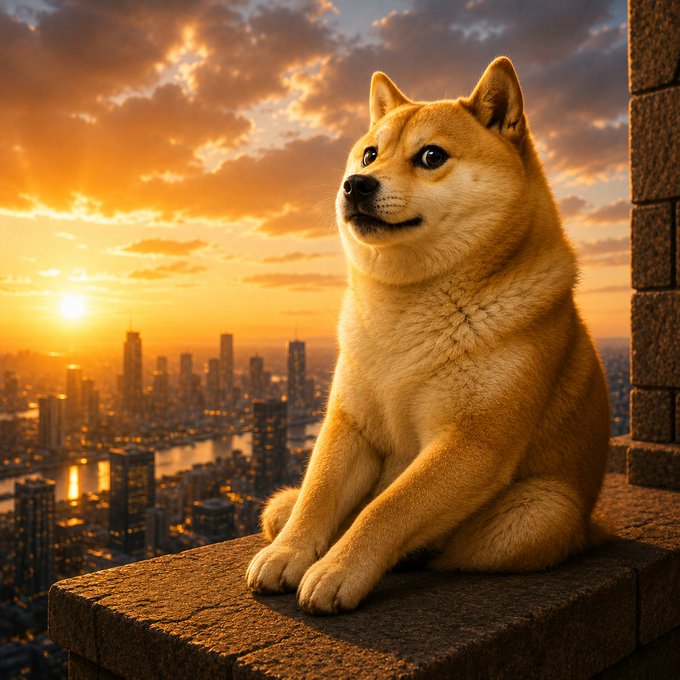 A digital artwork of a Shiba Inu dog sitting on a stone ledge overlooking a city skyline at sunset.