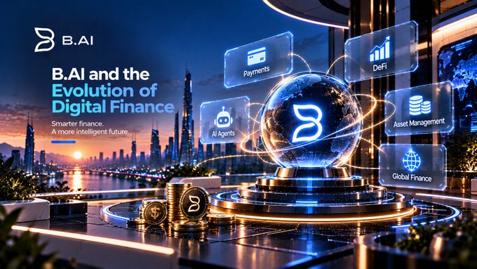 A promotional graphic for 'B.AI' titled 'B.AI and the Evolution of Digital Finance,' featuring a glowing globe and icons for Payments, DeFi, AI Agents, Asset Management, and Global Finance.