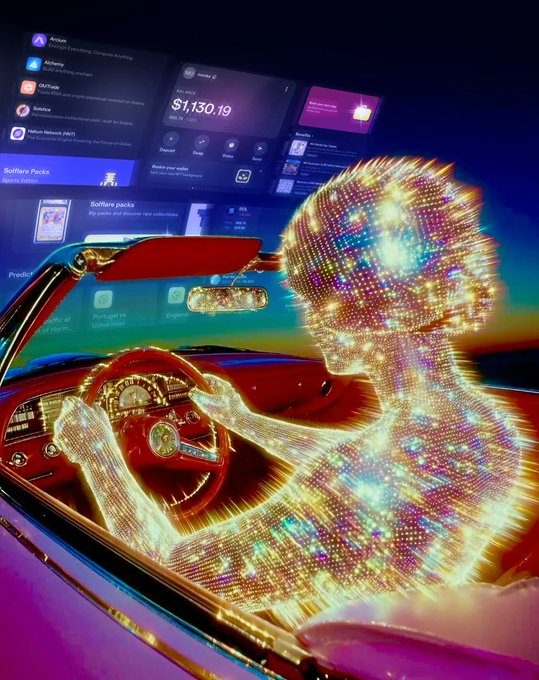 A luminous, holographic driver made of sparkling rainbow lights grips the steering wheel of a red convertible, with a futuristic infotainment screen displaying "$1,130.19," "Solflare," "Moonpay," and "Solana Packs" in the background—visually embodying the meme's over-the-top vision of 2037 crypto maximalism, where "SOLFLAREMAXXING" means living a glam, glowing life powered entirely by Solana.