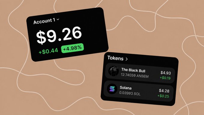 A financial dashboard displaying Account 1 balance of $9.26, up $0.44 (+4.98%), with tokens listed including 'The Black Bull' at $4.93 (12.74059 ANSEM) and Solana at $4.28 (0.03993 SOL).