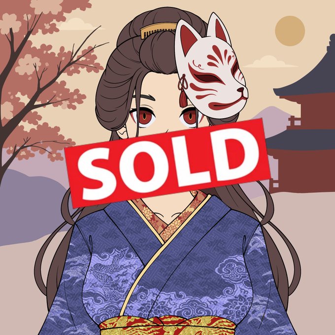 An illustration of a woman in a blue traditional kimono wearing a white fox mask, with a large red 'SOLD' banner overlaid on the image.
