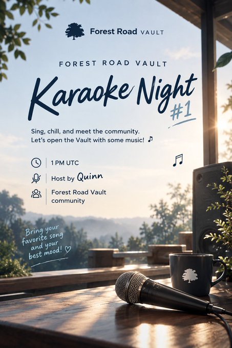 A promotional graphic for "Forest Road Vault Karaoke Night #1," featuring a microphone and branded coffee mug on a wooden table with a scenic mountain backdrop, advertising a 1 PM UTC event hosted by Quinn for the Forest Road Vault community to enjoy music, meet others, or simply relax.
