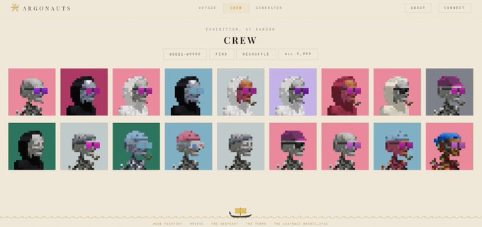 Screenshot of the Argonauts NFT project website showing the 'CREW' collection page with various pixel art character portraits displayed in a colorful grid, with filter options for price ranges and availability status.