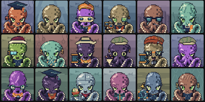 A grid of 18 pixel-art avatars depicting stylized, zombie-like or alien figures in various colored outfits and headwear.