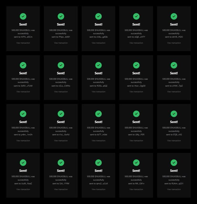 A grid of 20 transaction confirmation cards, each showing a "Sent!" status for 500,000 $NUKEBULL tokens sent to various Solana wallet addresses, supporting the post's claim of distributing tokens to multiple recipients.
