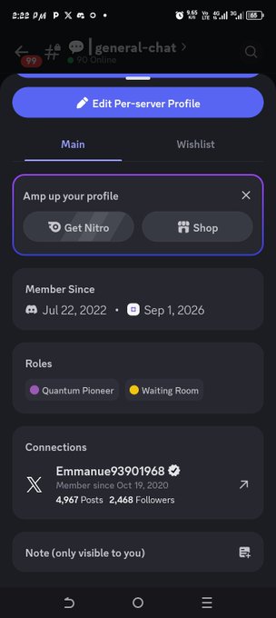 Screenshot of a Discord profile showing the username 'Emma93901968', member since Oct 19, 2020, with 4,967 posts and 2,468 followers, on a server called 'general-chat'.