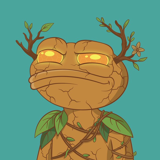 A cartoon-style illustration depicts a brown, rocky humanoid figure with glowing yellow hexagonal eyes, small branches with leaves growing from its head, and vines wrapped around its body, set against a teal background.