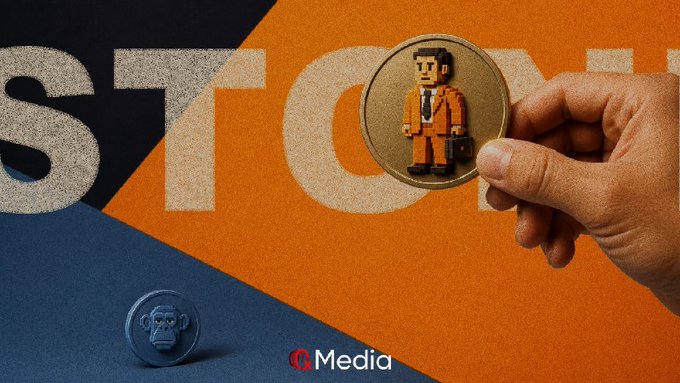 An advertisement featuring a hand holding a coin with a pixelated character in an orange suit, with 'G.Media' branding and partial text 'ST' visible.