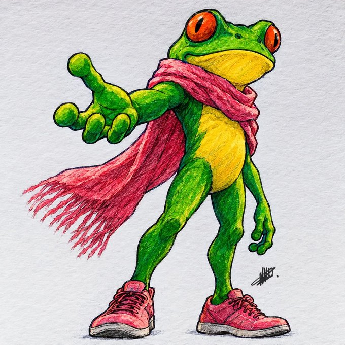 An illustration depicts a green frog superhero with orange eyes, wearing a red cape and pink sneakers, reaching its hand forward.