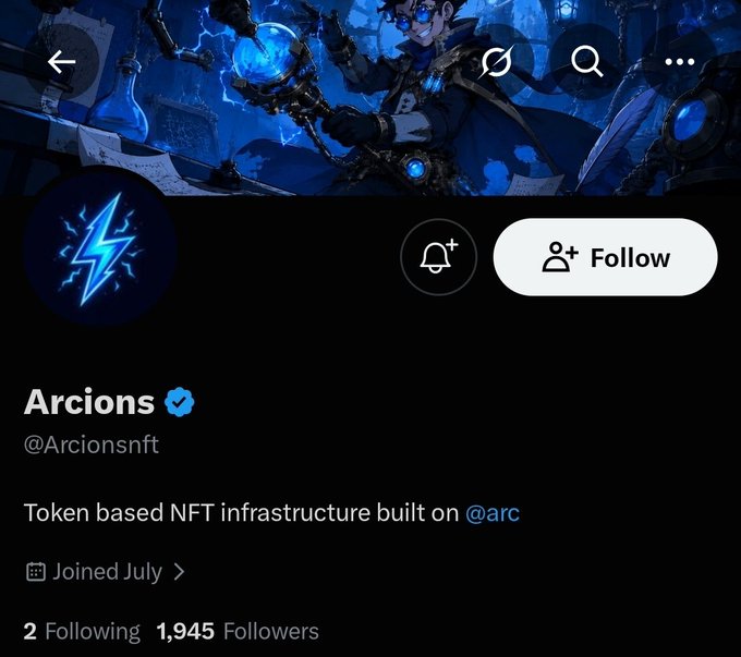 This is a screenshot of the Twitter profile for "Arcions" (@Arcionsnft), a token-based NFT infrastructure project built on @arc.