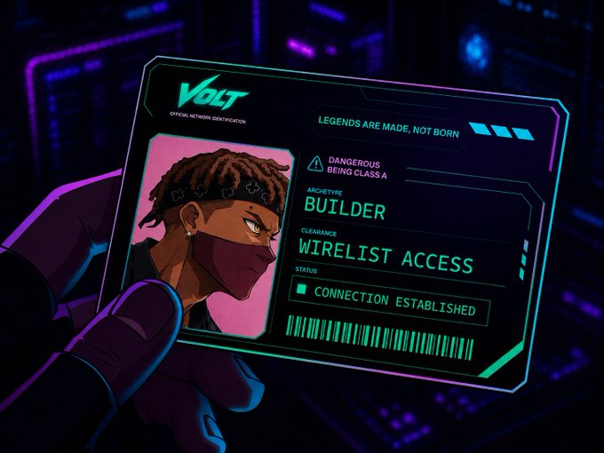 A gloved hand holds up a glowing neon ID card branded "VOLT Official Network Identification," displaying the "Builder" archetype for user "BUILDER" with "Wirelist Access" clearance and a "Connection Established" status, alongside a stylized avatar portrait—visually celebrating a member's newly granted access to the Wirelist as noted in the congratulatory post.