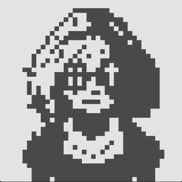 A pixel art illustration of a dark-haired figure with a white beard, rendered in grayscale.