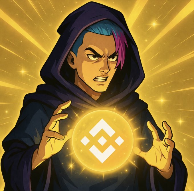 An anime-style illustration of a hooded figure with blue and magenta hair conjuring a glowing golden orb displaying the Binance (BNB) logo, set against a radiant golden starburst background—symbolizing the post's call to rally behind a promising BSC ("Binance Smart Chain") token called $KING and inviting viewers to share their BSC wallets.