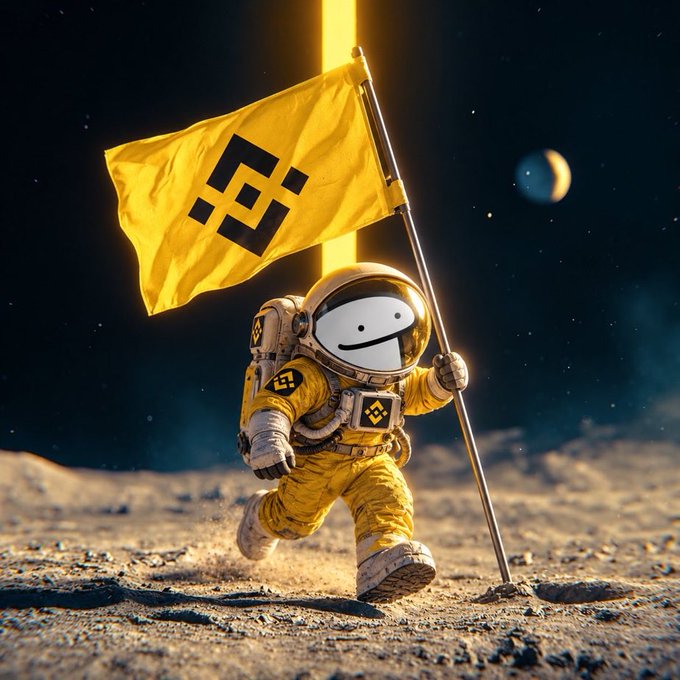 An astronaut in a yellow spacesuit plants a yellow flag bearing the "$FLORK" logo on the lunar surface, with a glowing Binance logo rising in the background alongside a celestial body. The imagery symbolizes the poster's bullish prediction that $FLORK will soon be listed on Binance and reach moon-level recognition alongside other tokens like $BTCB.