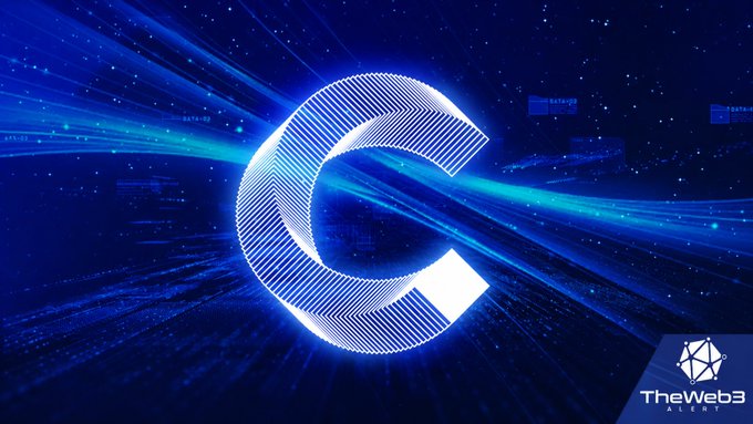 A futuristic blue digital graphic featuring a glowing stylized "C" logo with light streaks, branded "TheWeb3 Alerts" in the corner.