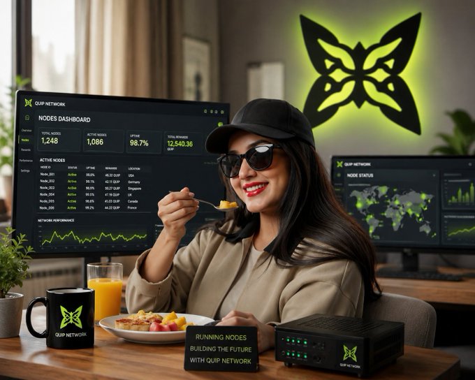 A promotional image showing a woman eating at a desk with multiple monitors displaying the 'QUIP NETWORK' nodes dashboard, featuring active node statistics and network performance charts.