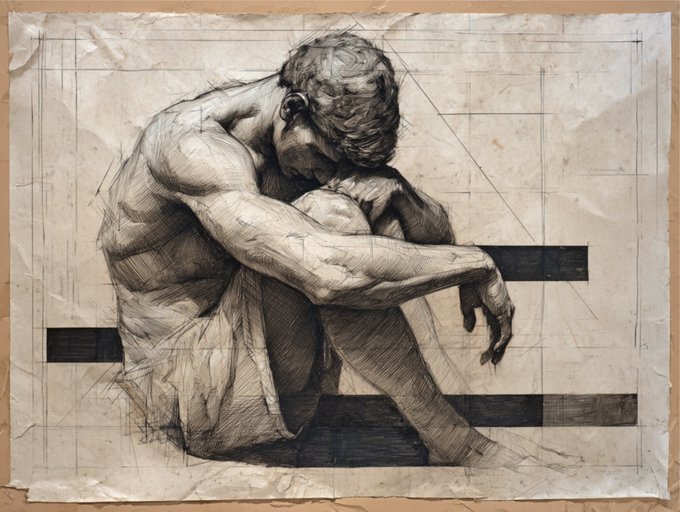 A charcoal or pencil sketch of a muscular figure sitting with their head bowed and arms resting on their knees, drawn on aged paper with construction lines.