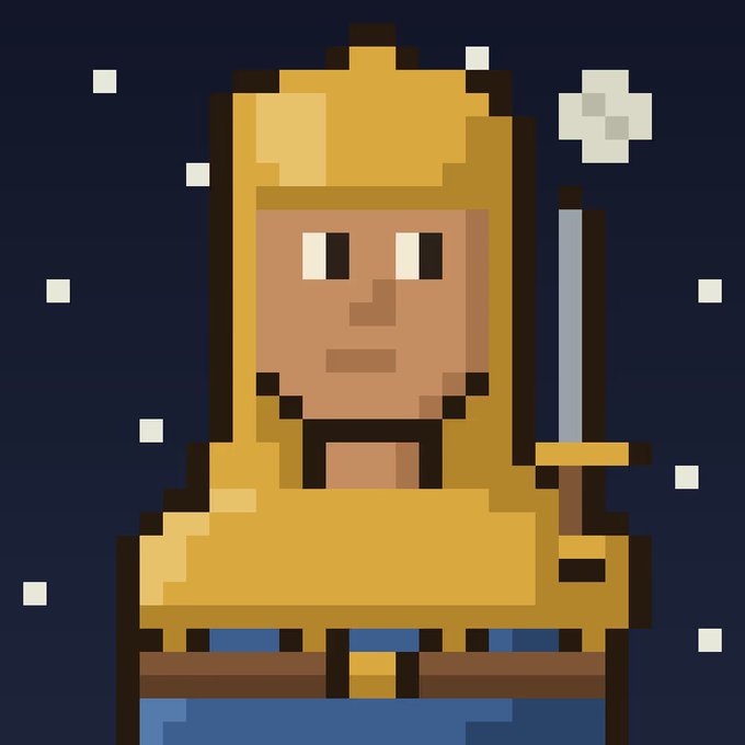 A pixel art illustration of a character in a yellow hooded outfit holding a sword, set against a dark blue starry background.