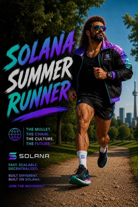 Promotional poster for 'Solana Summer Runner' featuring a mullet-wearing runner in retro athletic gear, with text including 'The Mullet. The Chain. The Culture. The Future.' and 'Fast. Scalable. Decentralized.'