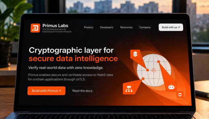 A laptop screen shows the Primus Labs website with the headline “Cryptographic layer for secure data intelligence” and buttons for “Build with Primus” and “Read the docs.”