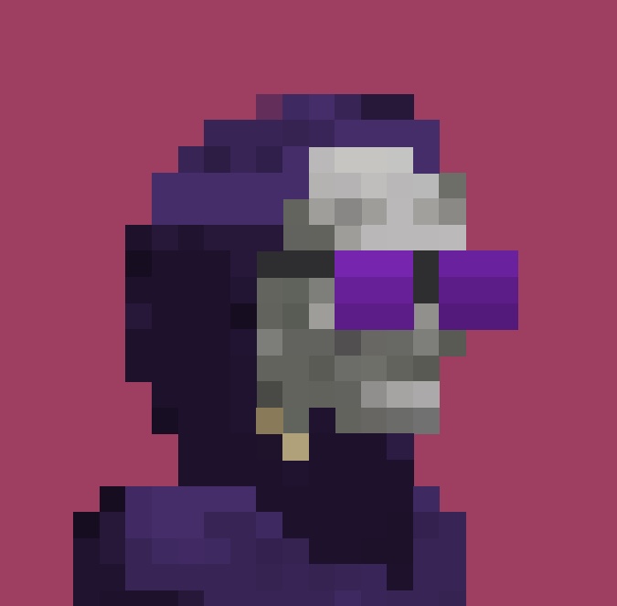 A pixelated portrait of a skull-faced character with a purple visor and dark hood against a muted magenta background, styled like a low-resolution video game avatar. The image's skull imagery and simplistic digital art pair ironically with the self-deprecating "Hi! I'm the retard" caption, likely used to humorously troll commenters.