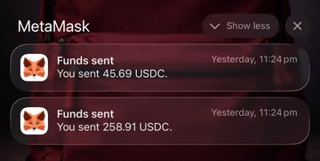 A MetaMask wallet notification screenshot showing two transactions: 'Funds sent - You sent 45.69 USDC' and 'Funds sent - You sent 258.91 USDC', both timestamped 'Yesterday, 11:24 pm'.