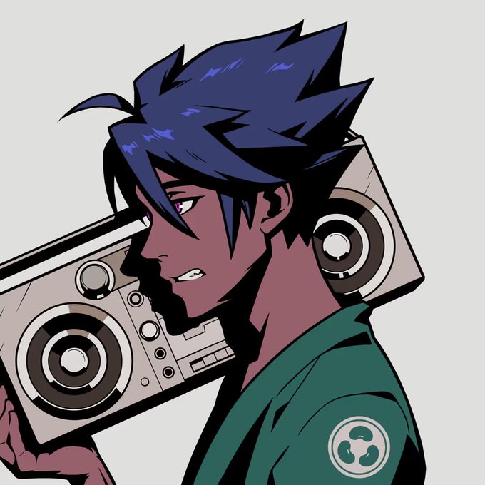 An anime-style illustration depicts a dark-skinned character with spiky blue hair and pointed ears wearing a green shirt with a circular logo, carrying a boombox on their shoulder.