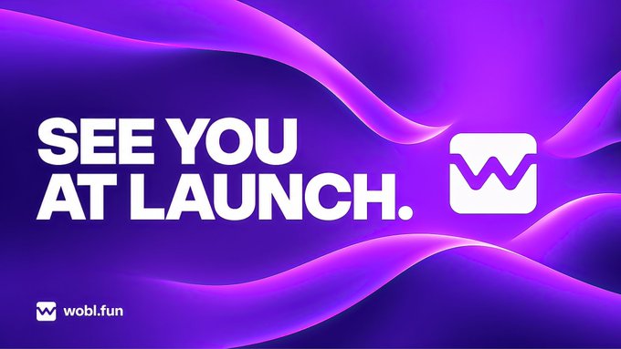 A vibrant purple promotional graphic with flowing wave designs announces "SEE YOU AT LAUNCH." alongside the Wobl logo, with "wobl.fun" displayed in the bottom left corner.

The image aligns with the post by teasing the launch of Wobl.fun as part of a giveaway promotion where one person will receive $10.