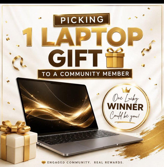 A promotional giveaway graphic reads 'PICKING 1 LAPTOP GIFT TO A COMMUNITY MEMBER' with 'One Lucky WINNER Could be you!' badge, featuring a laptop image and gift boxes on a gold-accented background.